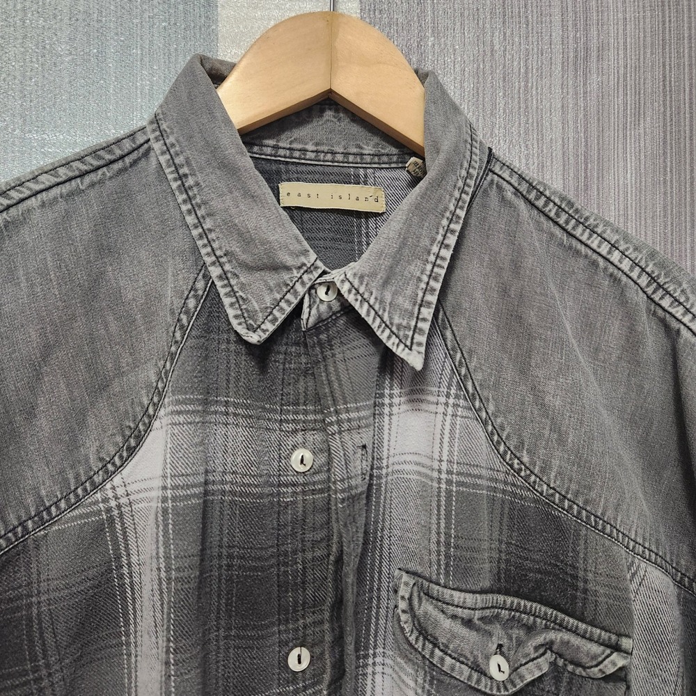 East Island Mens XL Grey Plaid Western Yoke Cotton Long Sleeve Button Up Shirt